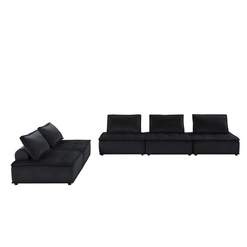 Alaya 120 Inch Tufted 5 Piece Sectional Sofa, Back Cushions, Black Velvet