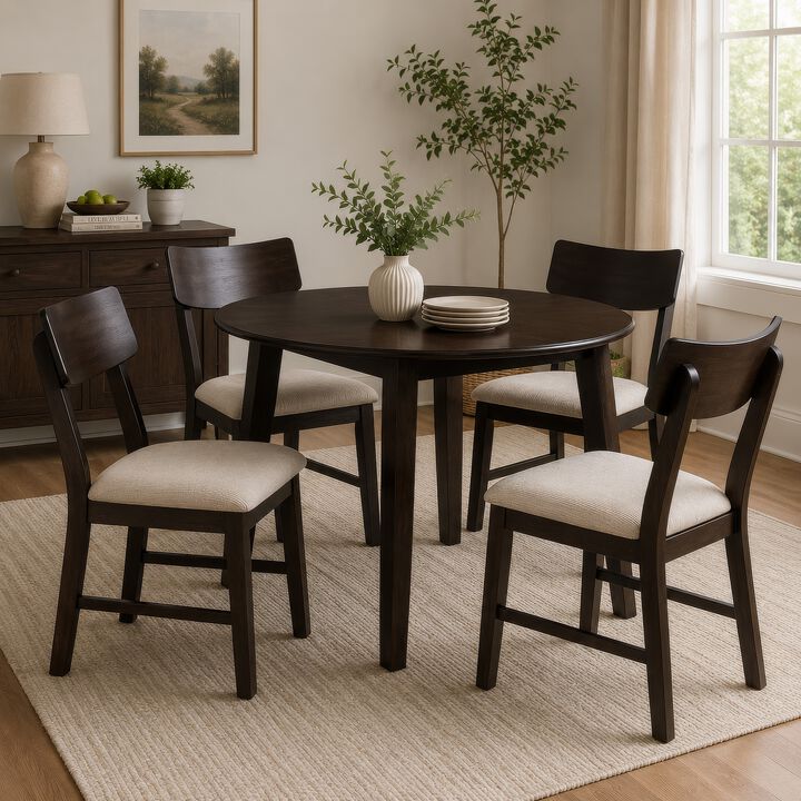 Caty 5pc Round Dining Table Set with 4 Chairs, 2 Drop Leaves, Brown