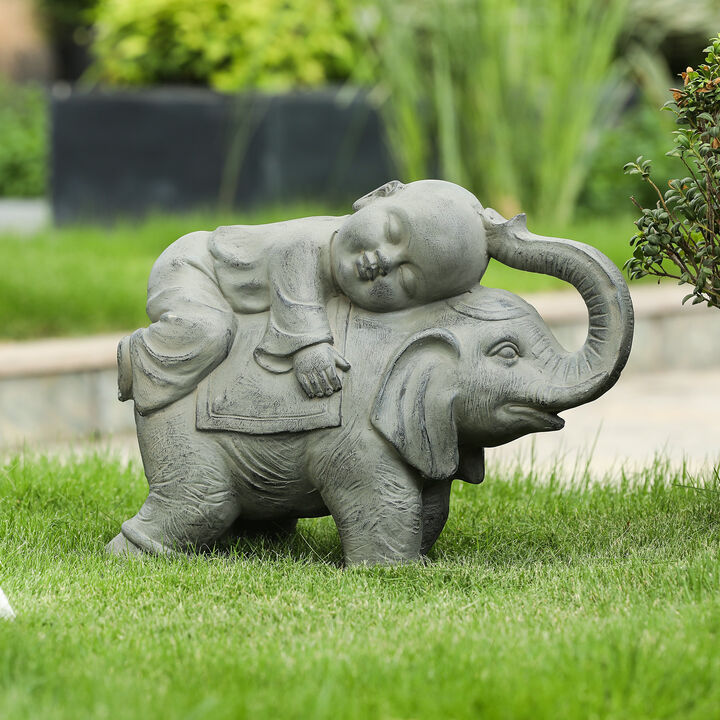 LuxenHome Gray MgO Monk and Elephant Garden Statue