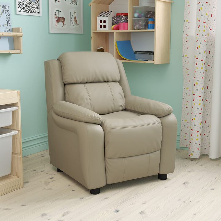 Flash Furniture Charlie Vinyl Kids Recliner with Flip-Up Storage Arms and Safety Recline, Contemporary Reclining Chair for Kids, Supports up to 90 lbs., Beige