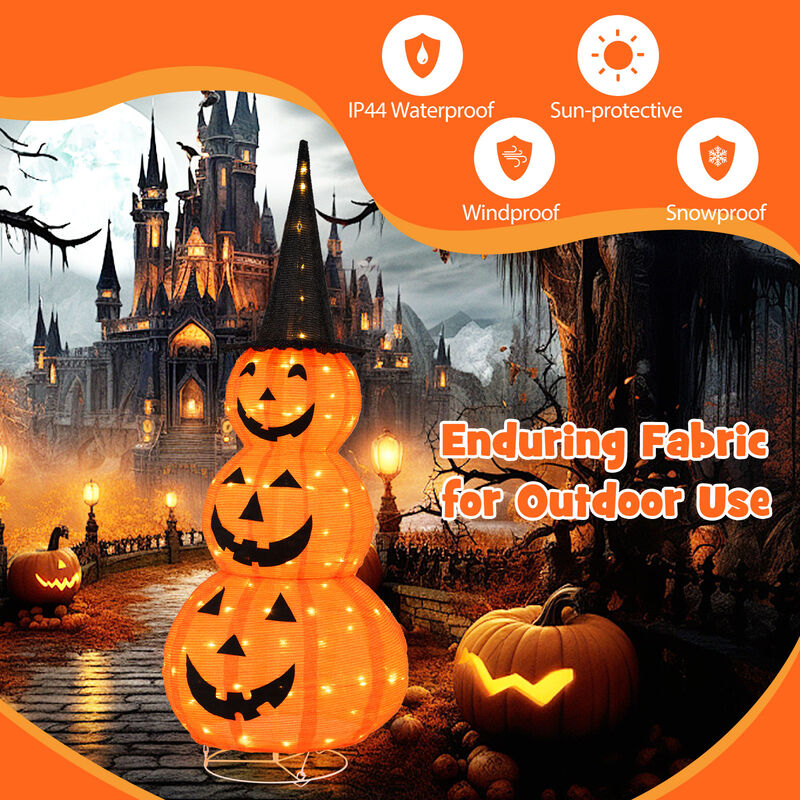Lighted Stacked Pumpkins Halloween Decoration with Witch Hat image number 7