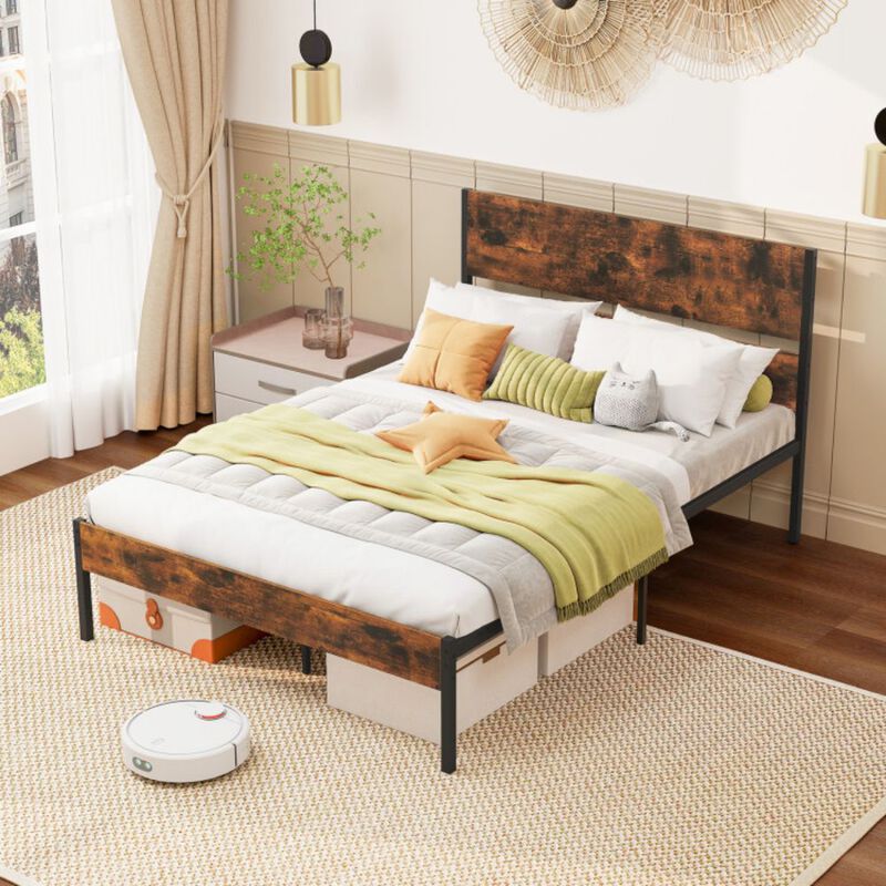 Bed Frame with Wooden Headboard and Footboard for Classic Style and Sturdy Support