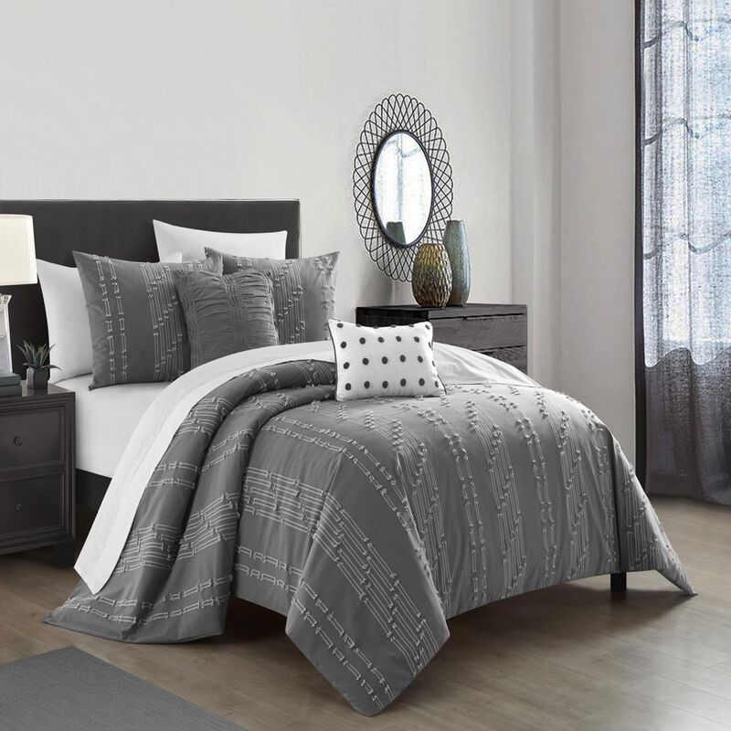 NY&C Home Desiree 9 Piece Cotton Comforter Set Contemporary Striped Clip Jacquard Bed In A Bag Bedding - Sheets Pillowcases Decorative Pillows Shams Included, King, Grey