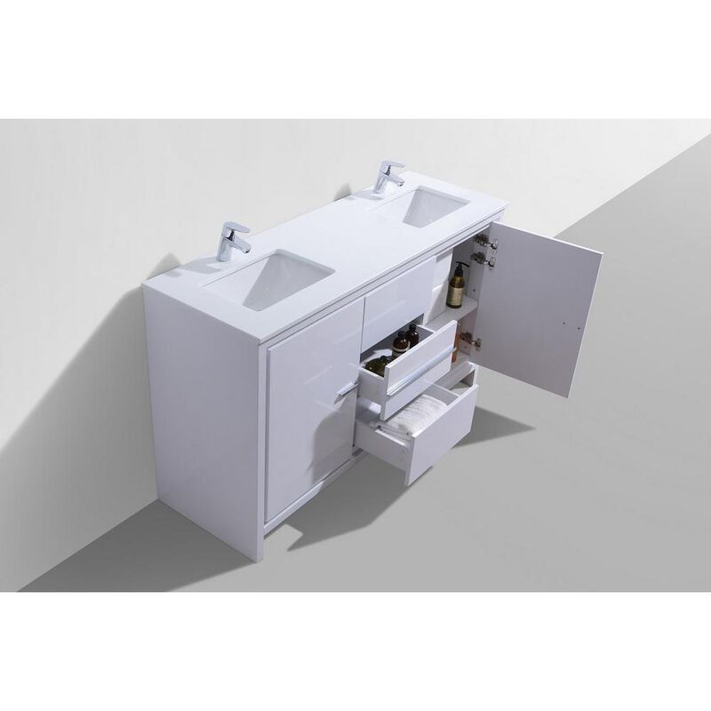 Kubebath 60&Prime; Double Sink High Gloss White Modern Bathroom Vanity with White Quartz