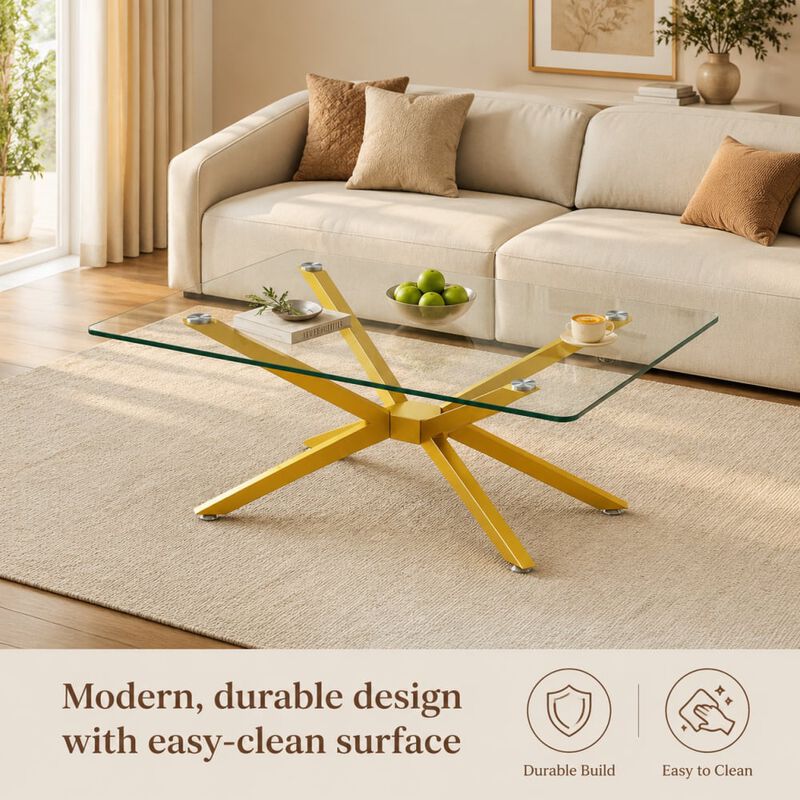 GOODSILO Rectangular Tempered Glass Coffee Table with Metal Legs, Adjustable Feet for Living Room and Office Use image number 4