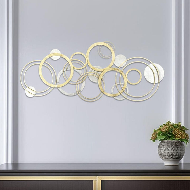 HomeRoots 18" X 44" Gold And Silver Geometric Metal Round Discs Hanging Dimensional Sculpture image number 1