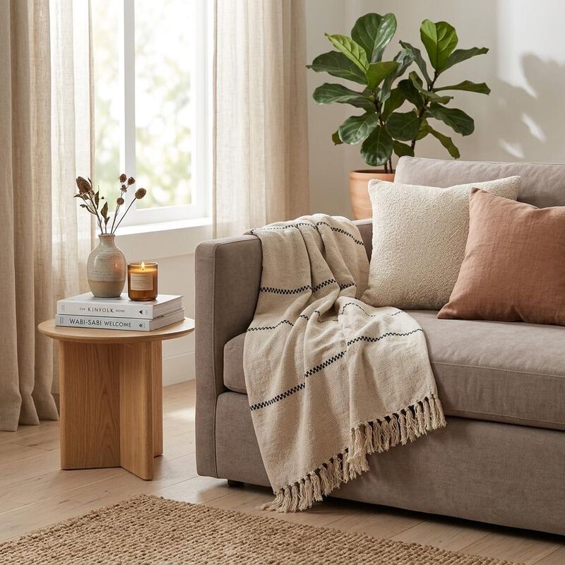 HomeRoots 52" X 67" Beige and Black Woven Cotton Striped Throw Blanket with Tassels image number 1