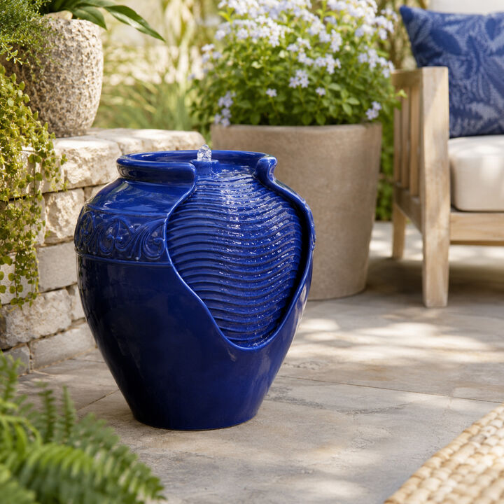 Teamson Home Outdoor Glazed Pot Floor Fountain with LED Lights, Royal Blue
