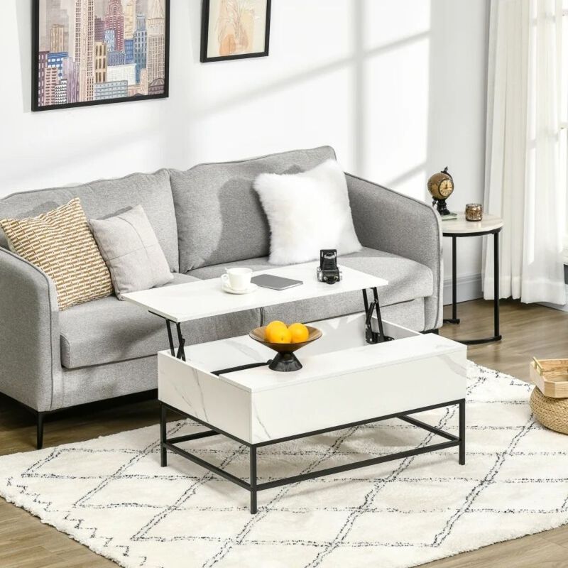 Hivvago Modern White Lift Top Coffee Table w/ Hidden Storage Black Metal Legs