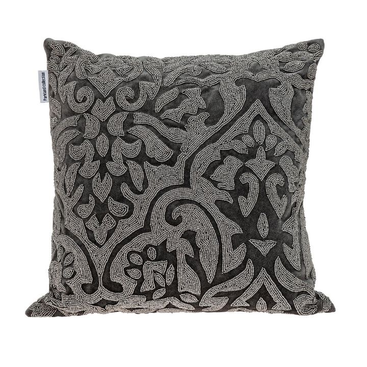 18" Gray and Silver Transitional Damask Beaded Throw Pillow
