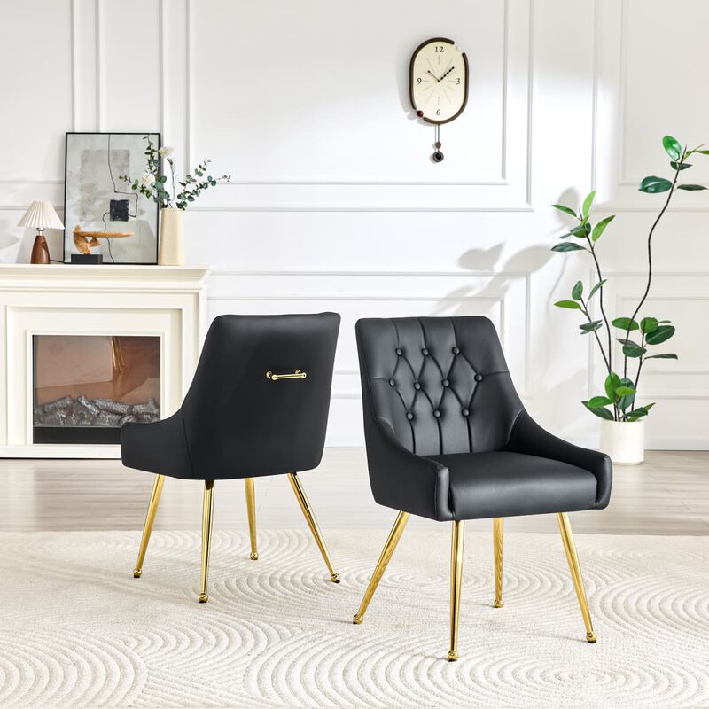 Set of 2 Faux Leather Dining Chairs Diamond Tufted Open Back Side Chairs with Metal Handle Spring and Foam Cushioned Accent Chairs image number 3