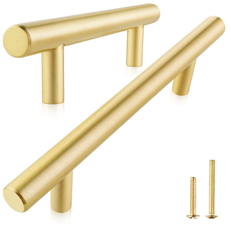 QOgRISUN 2-Pack Solid Brass cabinet Pulls, gold Euro Style T Bar Handles, 5-Inch Hole center for Kitchen Drawer Dresser cupboard
