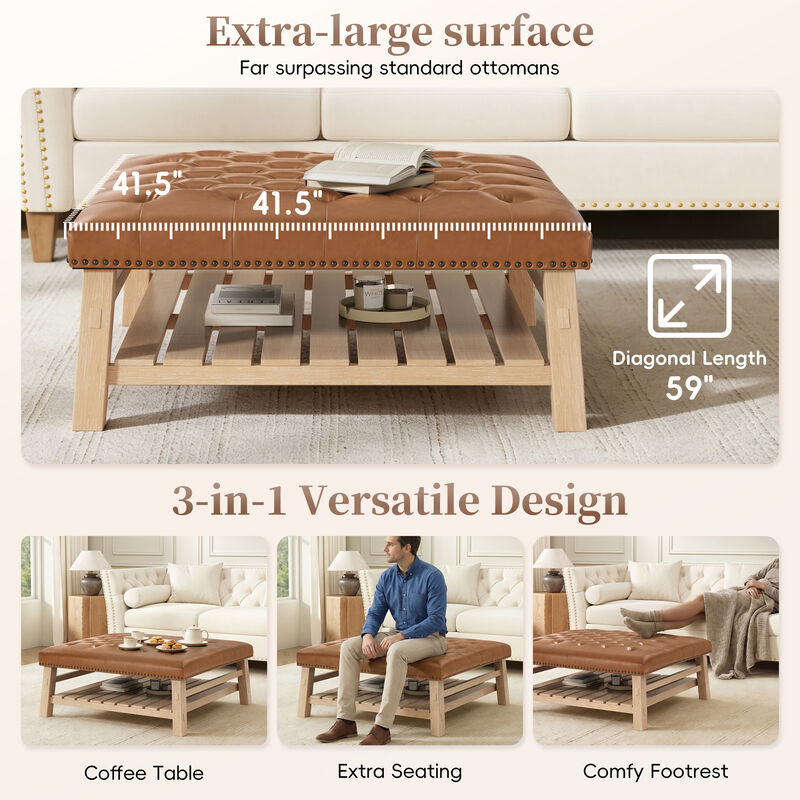 Merax Tufted Ottoman Coffee Table with Nailhead Trim & Storage Shelf &ndash; Solid Wood Legs image number 4