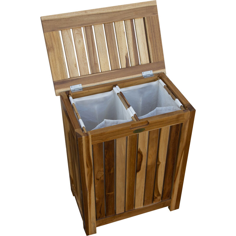 EcoDecors&reg; Eleganto&reg; 18" Teak Wood Double Laundry Storage Hamper with Removable Bags in EarthyTeak Finish image number 2