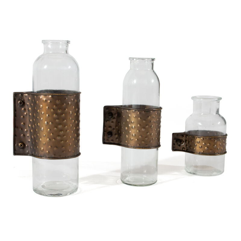 Three-Piece Hammered Cylinder Metal & Glass Table Vase Set – Stylish Tabletop Vases for Fresh or Artificial Flowers