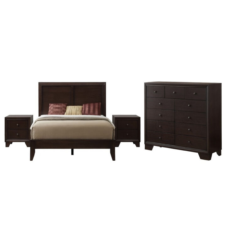 Queen Size Bedroom Set, Traditional Carved Wood Design, Brown Finish, 4-Piece Set with Bed, Nightstands and Dresser