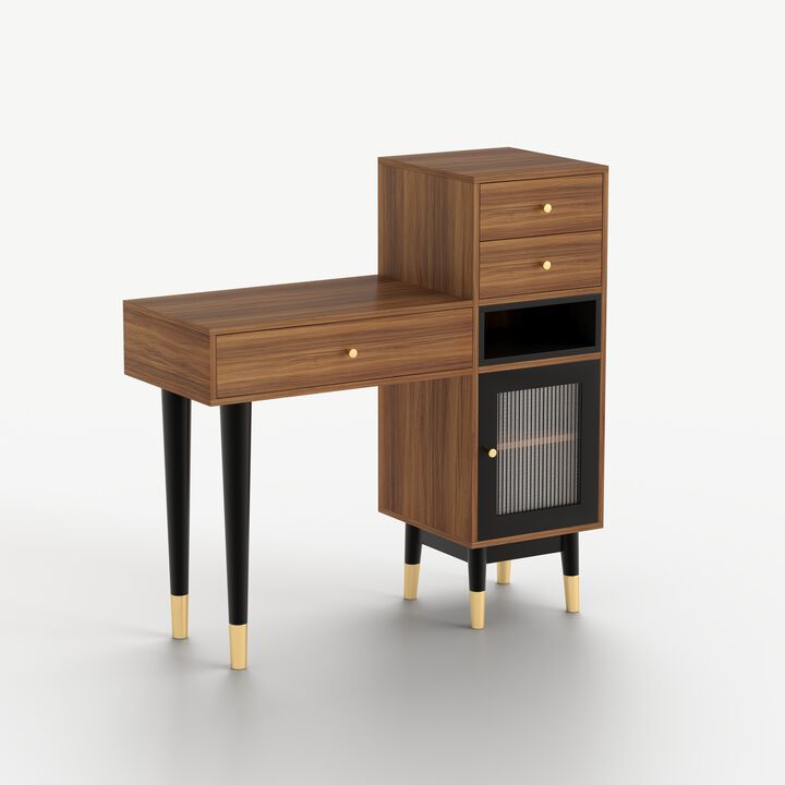 Wooden Makeup Vanity Desk with 3 Drawers, 1 Storage Shelf and 1 Door & Metal Legs for Bedroom, Apartment 39.76", Walnut