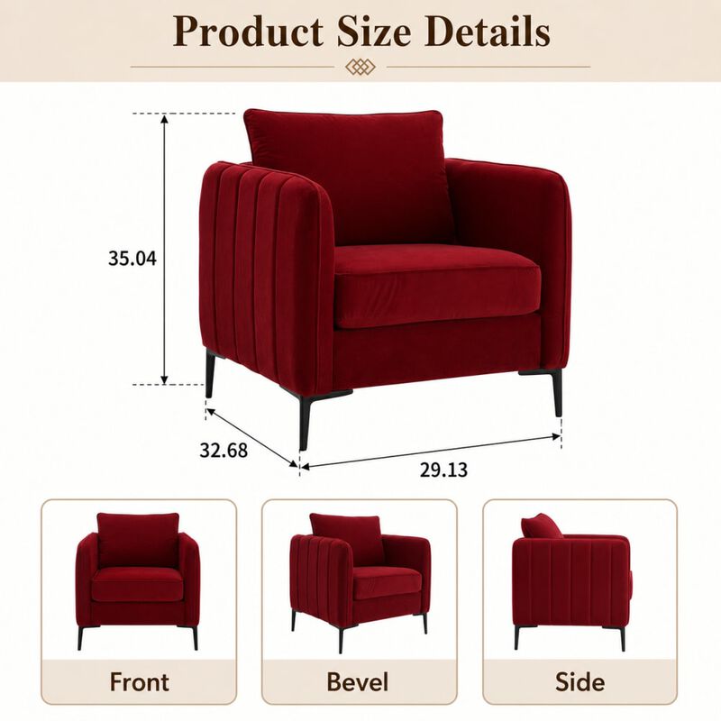 GOODSILO Mid-Century Modern Velvet Accent Chair Comfy Single Armchair with Pillow and Metal Legs for Living Room Bedroom Office image number 1
