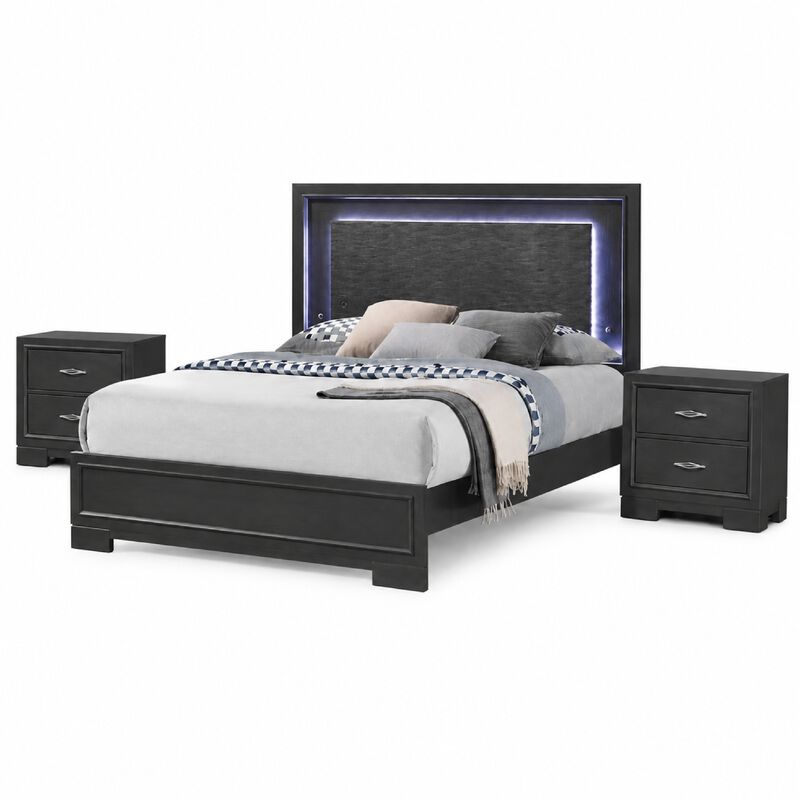Queen Bedroom Set, Dark Gray, Metallic Gray Wood, 3 Piece Set with 2 Nightstands image number 0