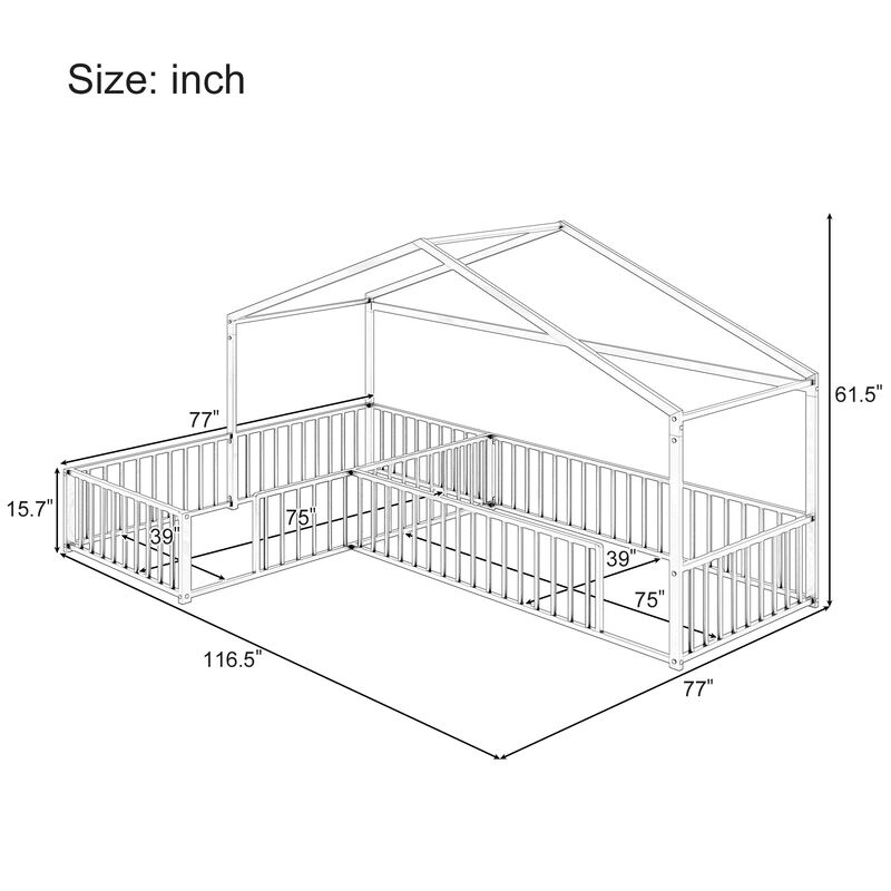 Merax Double Twin Size L-Shaped Montessori Bed, Metal Corner House Bed Frame with Fence image number 7