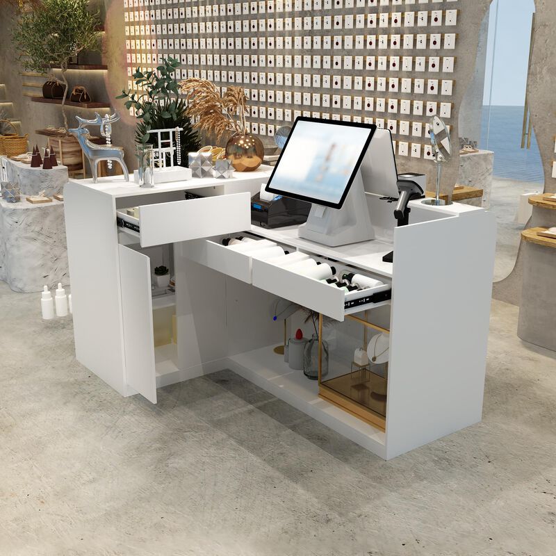 Large L-Shaped Reception Desk with 3 Drawers, 15 Open Shelves, Counter Top & Monitor Stand, Office Desk Reception Counter Table with File Cabinet, White (70.9&rdquo;L x 47.2&rdquo;D x 39.43&rdquo;H)