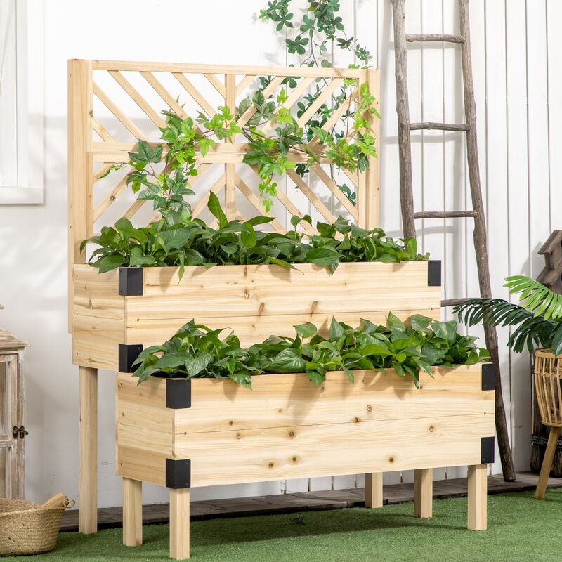 Outsunny Raised Garden Bed with Trellis, 2 Tier Wooden Elevated Planter Box with Legs and Metal Corners, for Vegetables, Flowers, Herbs, Natural