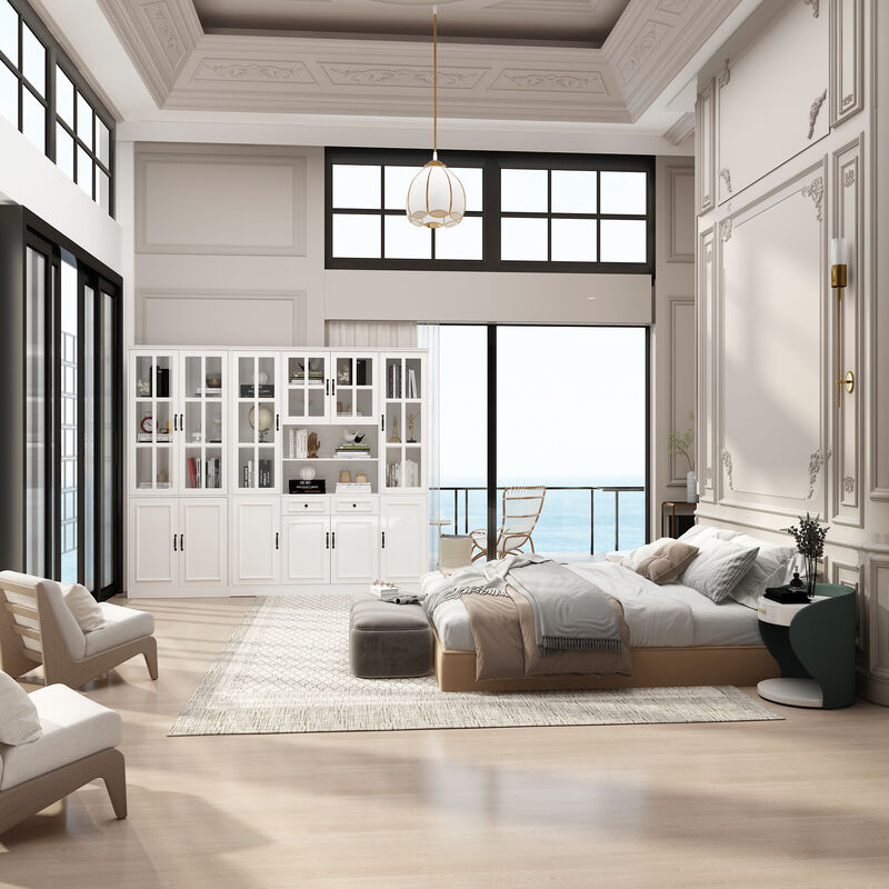 FUFU&GAGA White Bookcase Set –4-Door Bookcases + 8-Door Bookcase with Glass Doors and Black Handles – Modern Storage and Organizing Solution, (78.7 in. H x 94.5 in. W x 15.7 in. D),White