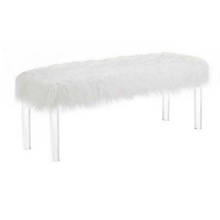 Contemporary Bench with Faux Fur Seat and Acrylic Legs, White and Clear-Benzara