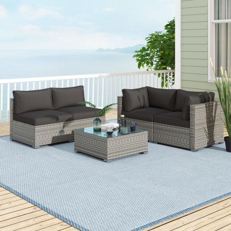 Hivvago 5-Piece Outdoor Patio Sectional Sofa Couch and Glass Coffee Table with Cushions