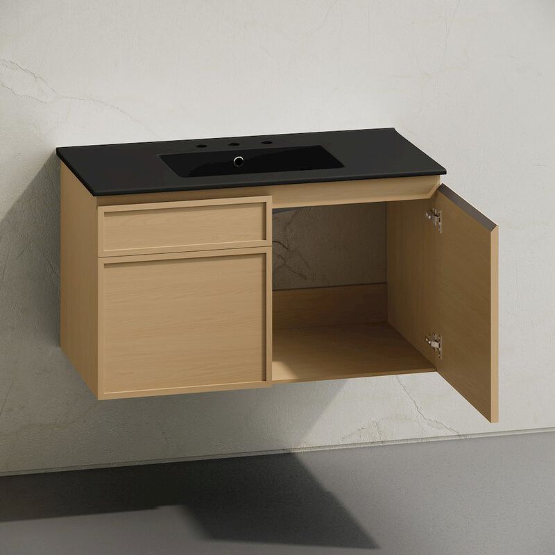 36" Wall-Mounted Bathroom Vanity, Natural Oak, Black 3-Hole Widespread Sink Top image number 3