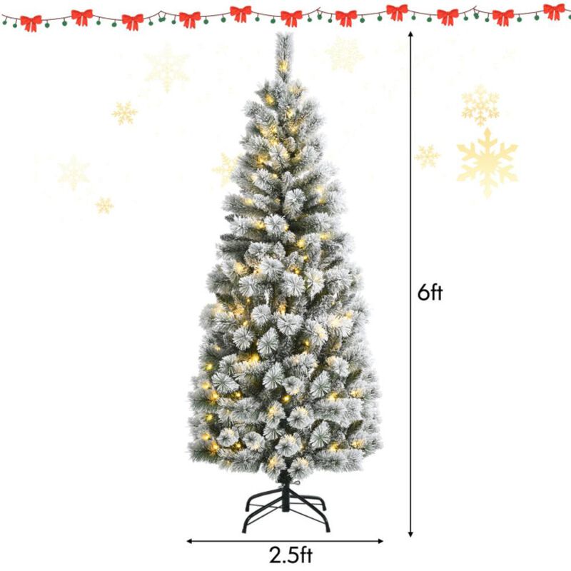 Hivvago 5/6/7.5/8 Feet Pre-lit Snow Flocked Christmas Tree with 9 Lighting Modes