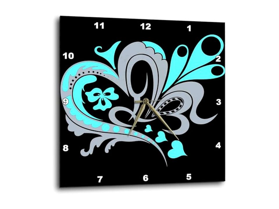 Pretty Turquoise Gray Black Nouveau Hearts Wall Clock 13 Inch Home Decor