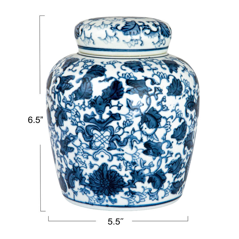 Small Decorative Ceramic Ginger Jar with Lid, Blue and White Floral Pattern image number 2