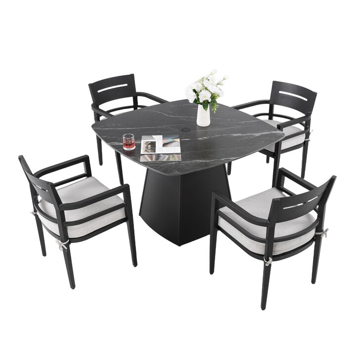 MONDAWE 6-Piece Modern Aluminum Patio Dining Set with 4 Chairs & 1 Dining Bench and Rectangle Table with Umbrella Hole