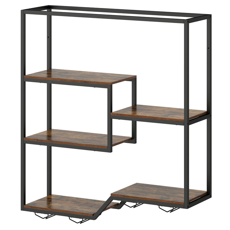 Rustic Brown 5-Tier Hanging Wine Rack with Bottle Shelf and Glass Holder image number 0