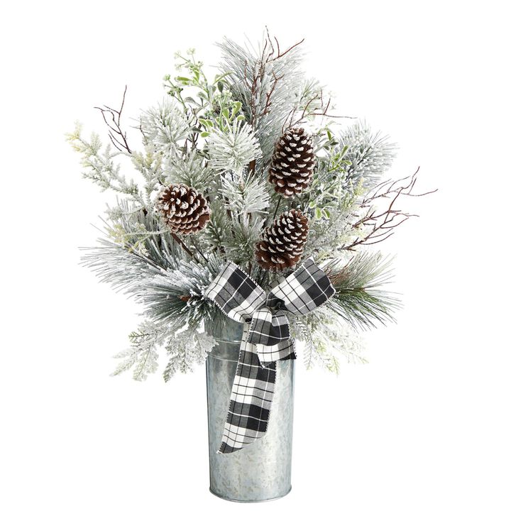 Nearly Natural 28-in Frosted Greenery and Pinecone with Plaid Bow Artificial Christmas Arrangement in Decorative Tin