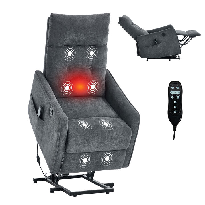 Chenille Single Motor Power Lift Recliner Chair with Heat Massage and USB Charging for Elderly