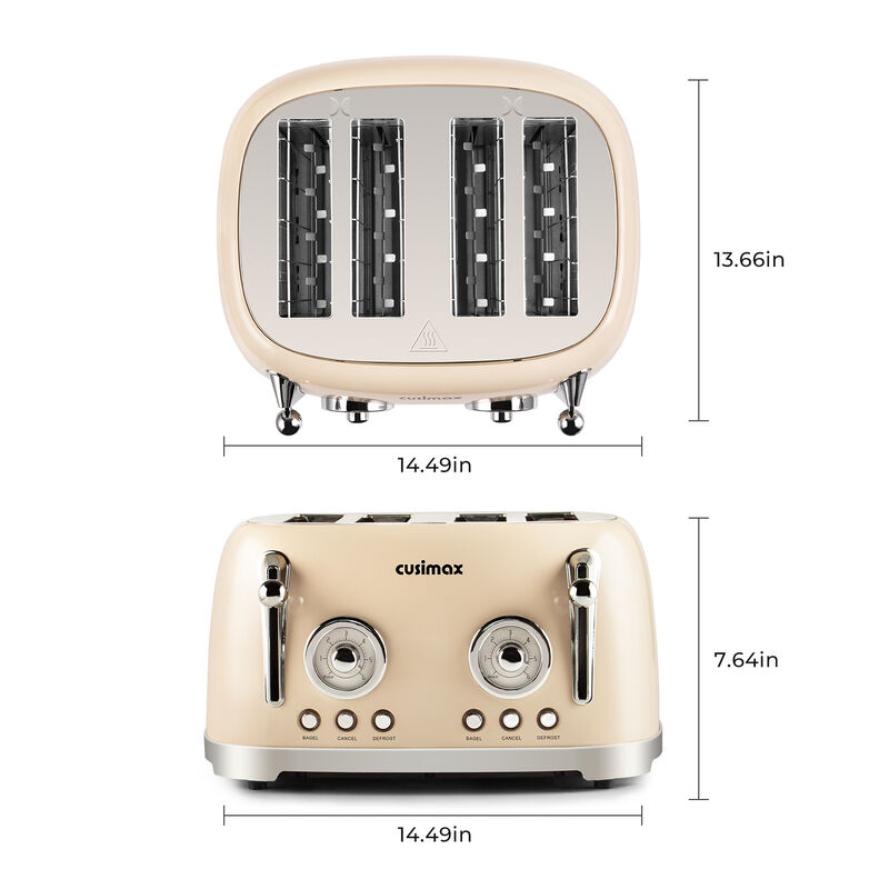 Cusimax Retro Toaster, 4 Slice with Extra Wide Slots for Bagels and Waffles, 6 Browning Levels and 4 Functions, Stainless Steel Toaster image number 2
