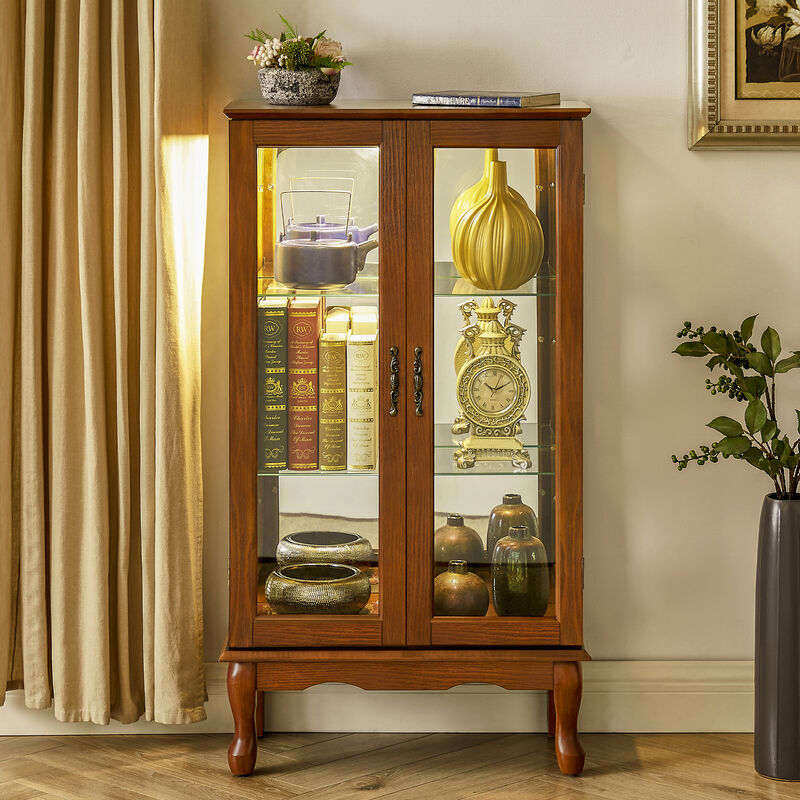 Curio Cabinet Lighted Curio Diapaly Cabinet with Adjustable Shelves and Mirrored Back Panel, Tempered Glass Doors (Oak, 3 Tier), (E26 light bulb not included) image number 2