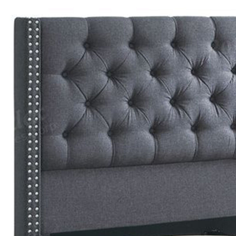 Polyfiber Upholstered Queen Size Bed Featuring Nail head Trim Blue Gray - Benzara