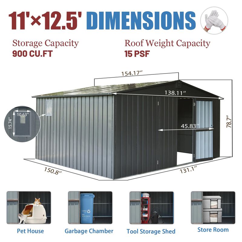 CLIHOME 11x12.5Ft Patio Galvanized Steel Frame Storage Shed,Garden Shed Metal Utility Tool Storage Room with Double Lockable Doors image number 7
