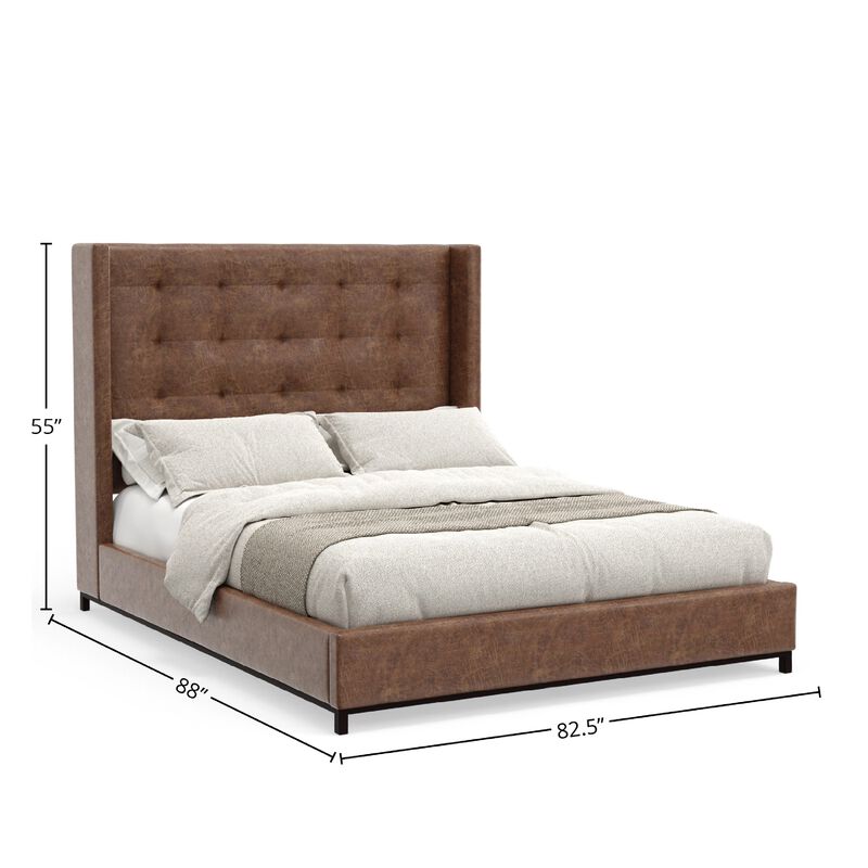 Domy King Bed, Brown Faux Leather Upholstery, Wingback Headboard - Benzara image number 4