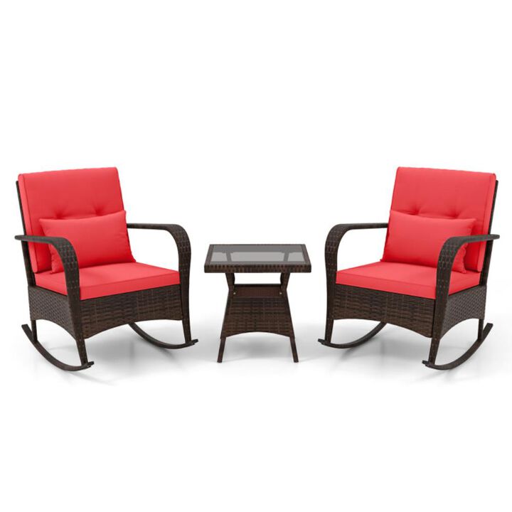 3 Piece Outdoor Rocking Set with Tempered Glass Coffee Table for Backyard Poolside