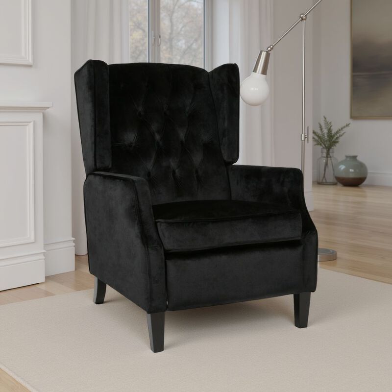 Octa Manual Recliner Chair, Button Tufted Wingback Design Black Velvet - Benzara