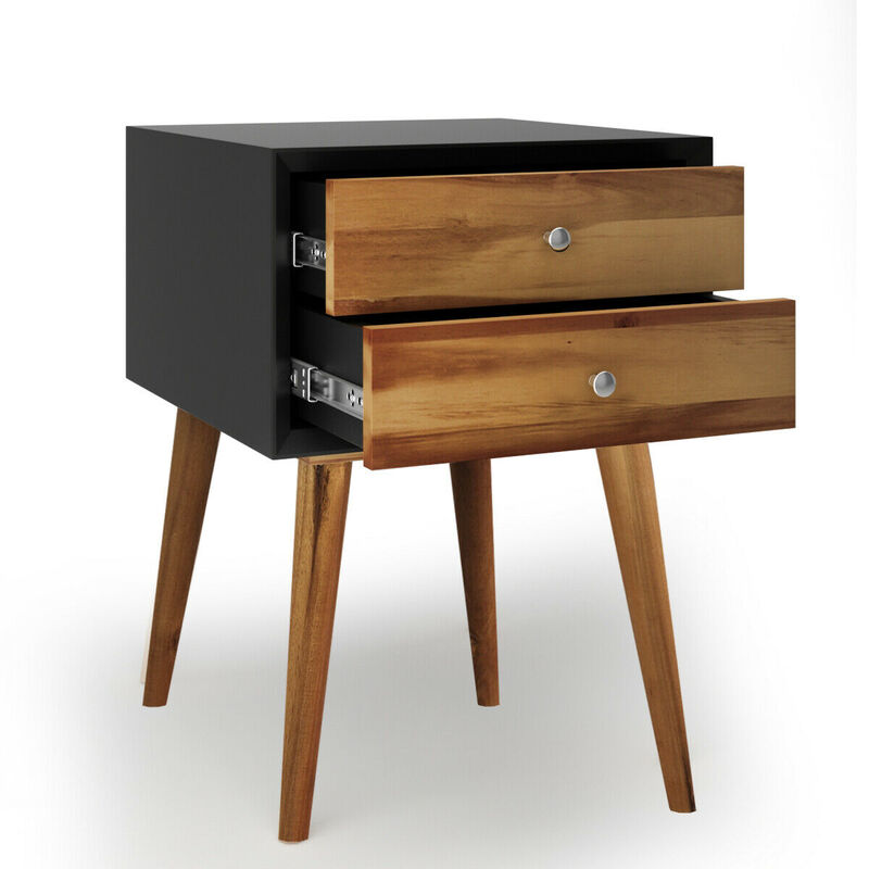 Wooden Nightstand Mid-Century End Side Table with 2 Storage Drawers