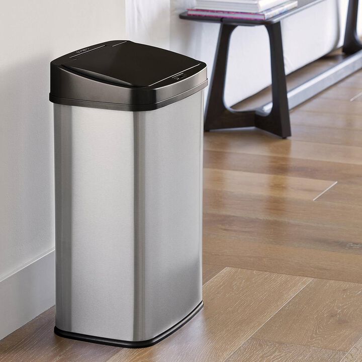 Hivvago Silver/Black 13 Gallon Stainless Steel Kitchen Trash Can with Motion Sensor Lid