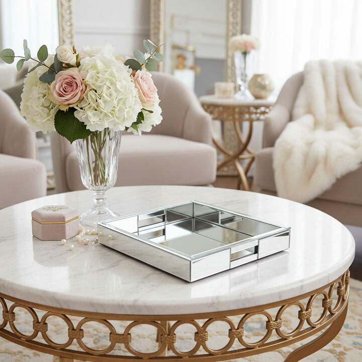 HomeRoots 16" Silver Mirrored Glass Serving Tray With Handles
