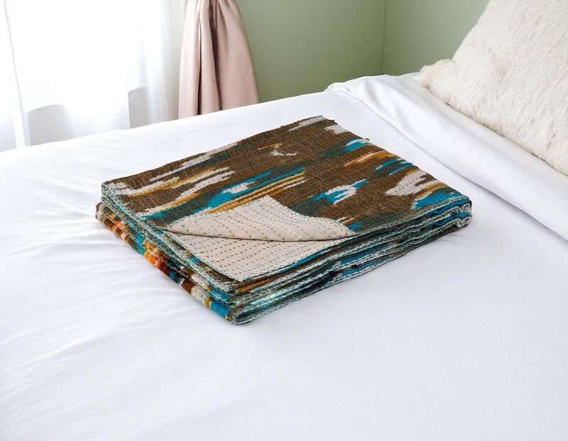 HomeRoots 50" X 70" Brown And Blue Ikat Cotton Quilted Kantha Throw Blanket with Embroidery image number 1
