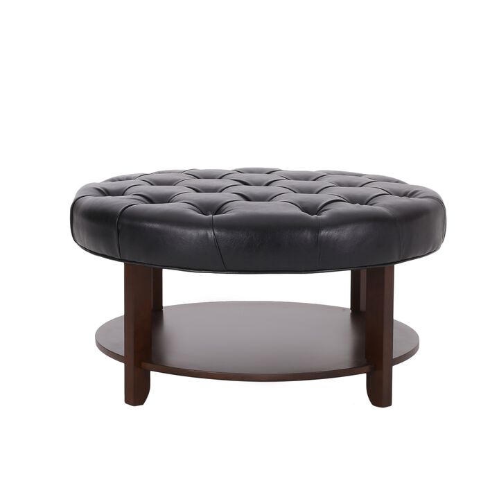 Kiam Ottoman, Shelf, Black Tufted Faux Leather, Brown Wood 32 Inch - Benzara
