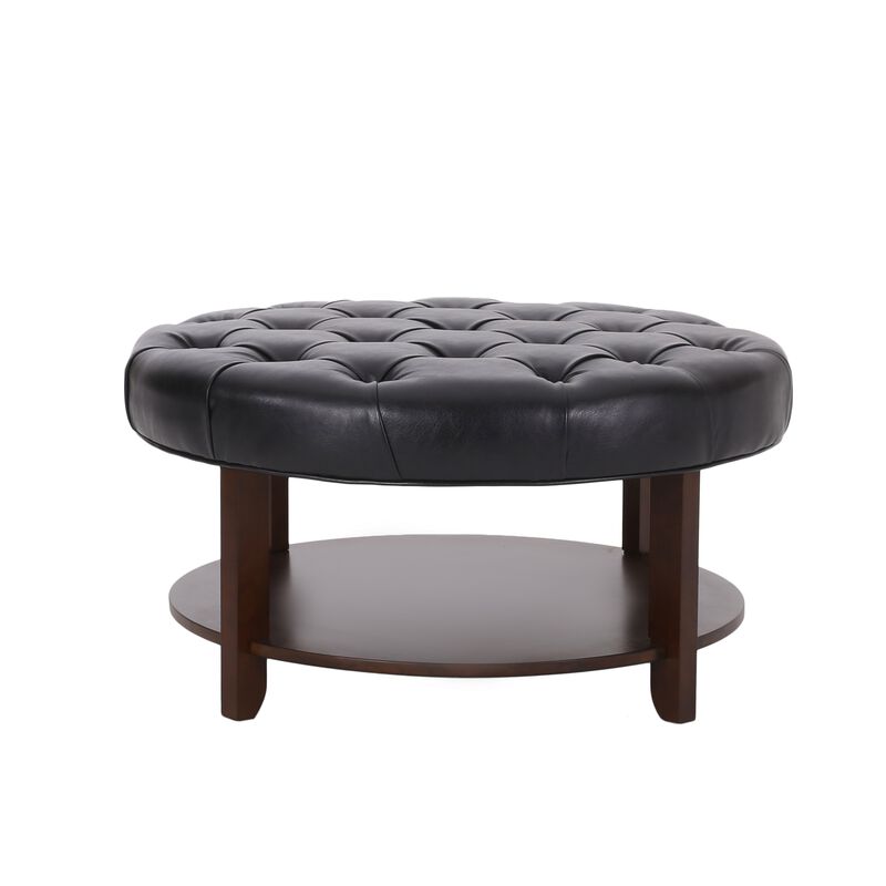 Kiam Ottoman, Shelf, Black Tufted Faux Leather, Brown Wood 32 Inch - Benzara